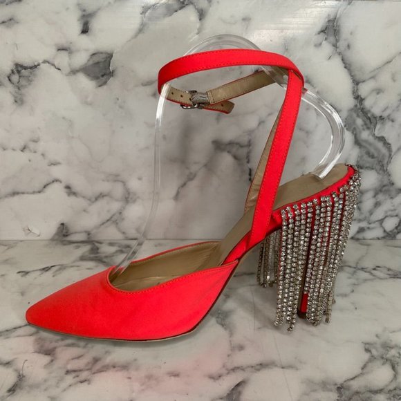 AREA Neon Orange Crystal Chandelier Canvas Block Heel Point Toe Pumps - Picture 4 of 11